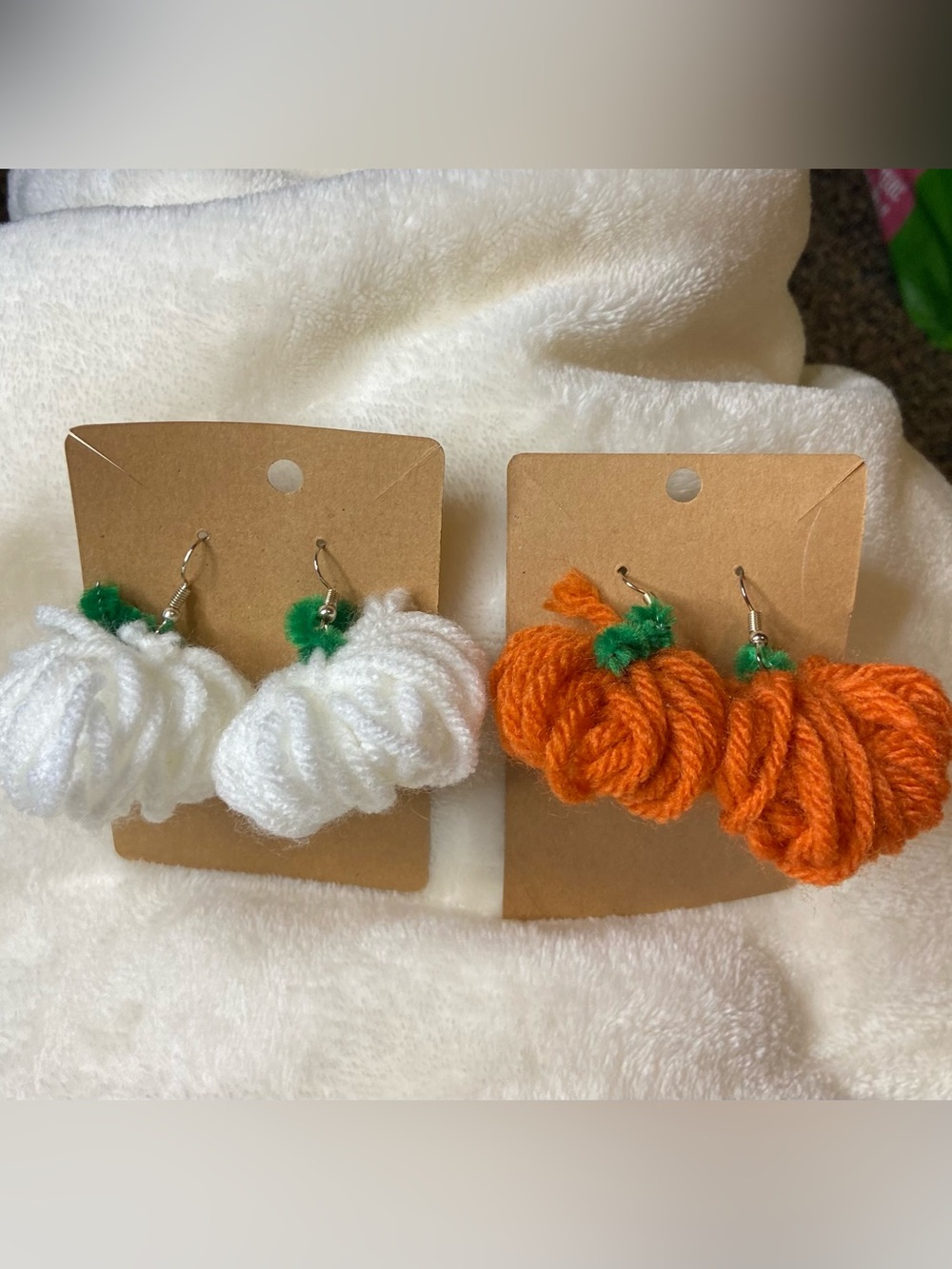Hand Crafted White & Orange Pumpkin Yarn Earrings - Picture 2 of 4